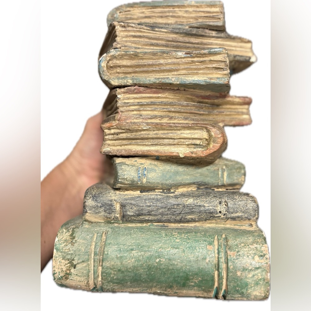 Vintage Polychrome Carved Wood “Stacked Books” Bookend – 1970s